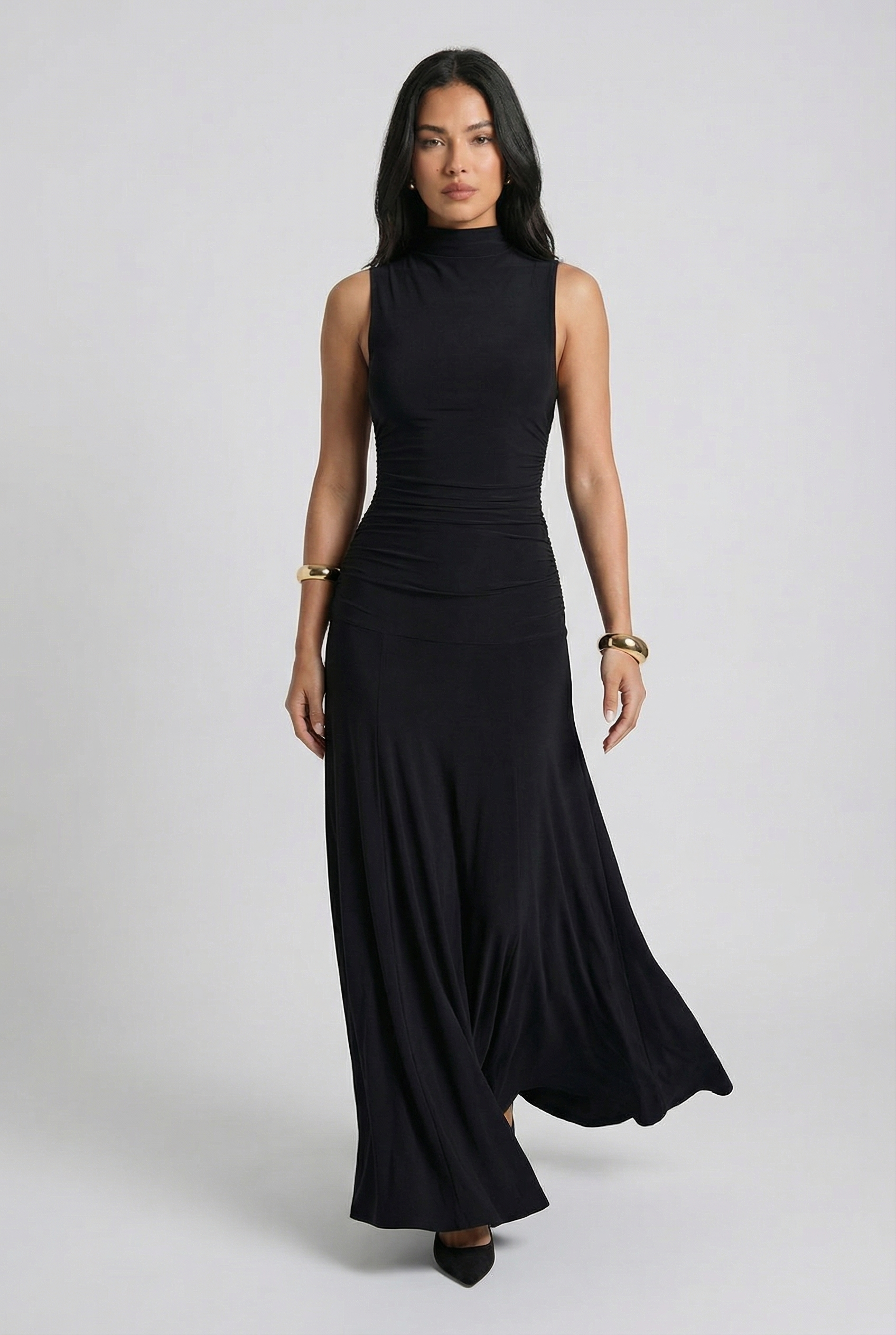 high neck flowy dress Halter Backless Maxi in Cabernet (Red) 100% polyester. Women's Flowy High Neck Maxi