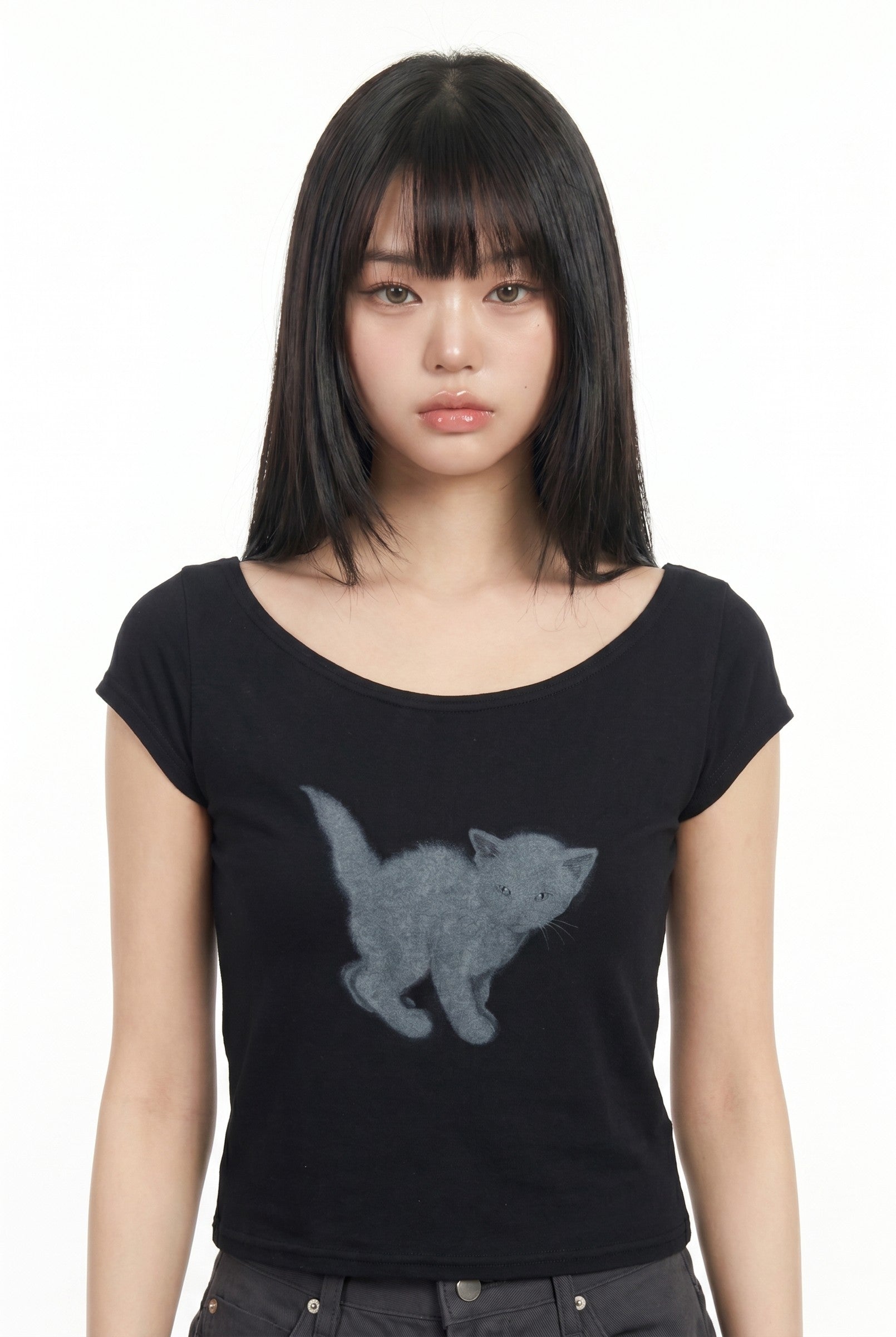 Women's Breezy Cat Graphic Off Shoulder Crop Top | Wren & Co.