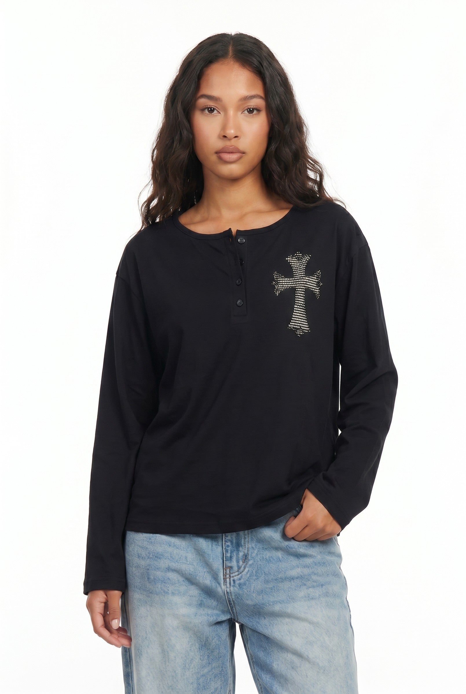 Women's Relaxed Cross Detail Oversized Long Sleeve Top | Wren & Co.