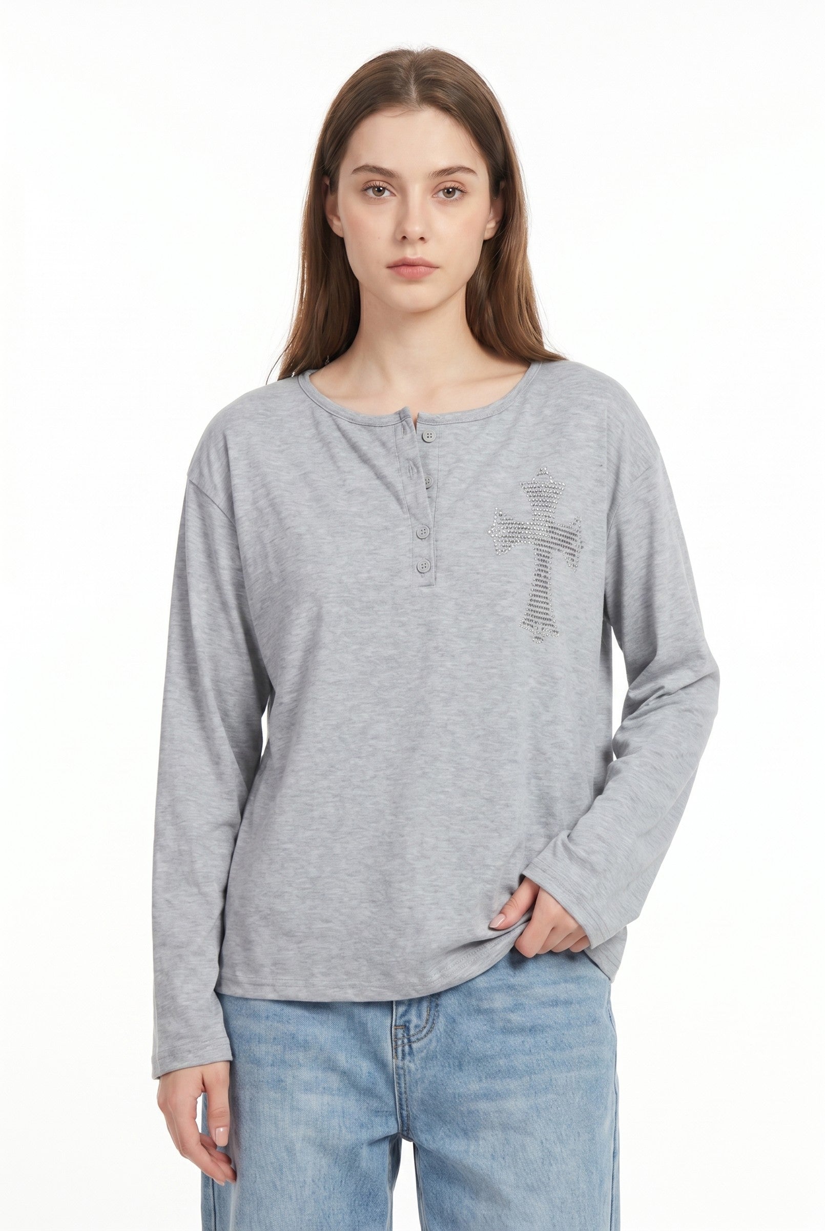 Women's Relaxed Cross Detail Oversized Long Sleeve Top | Wren & Co.