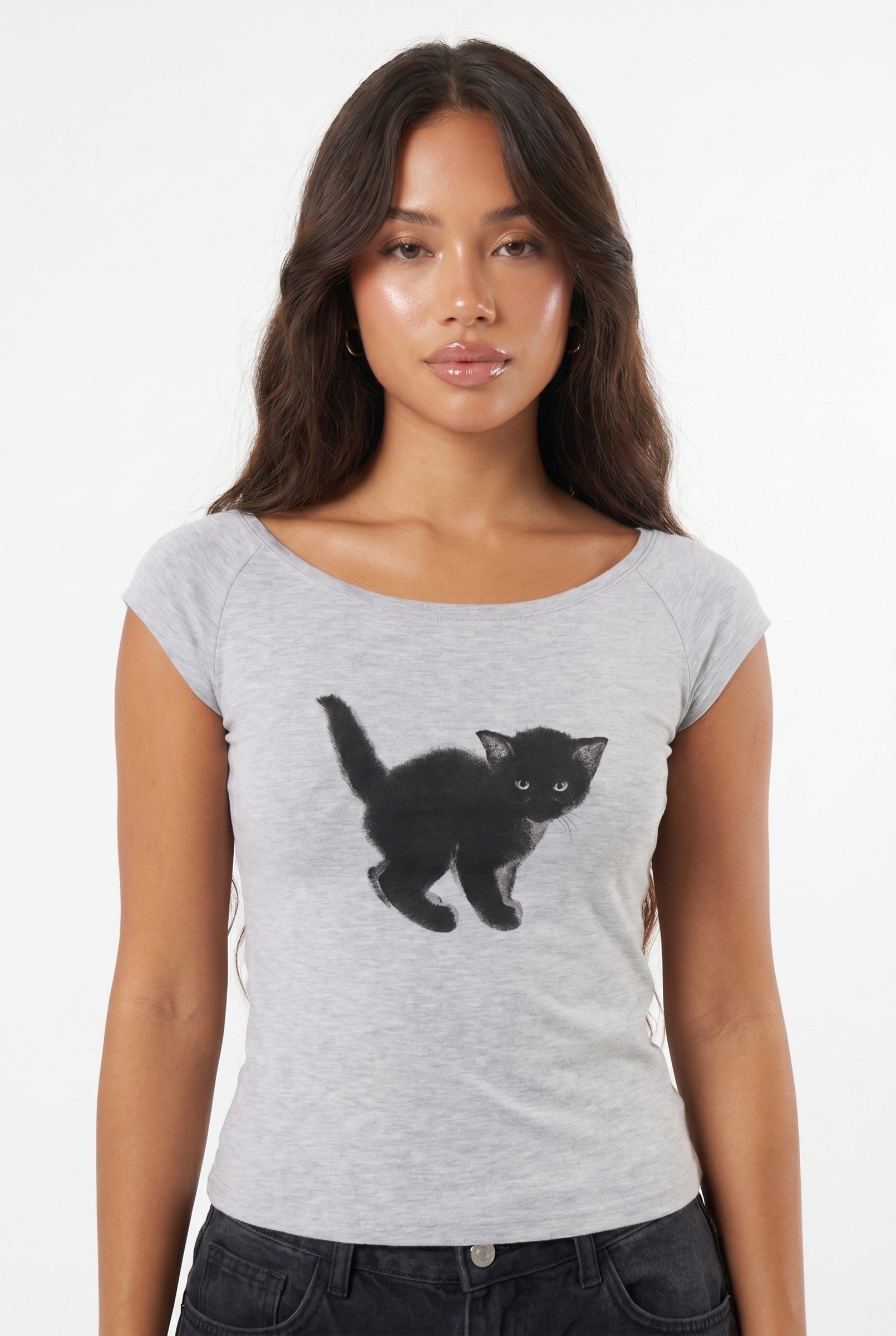 Women's Breezy Cat Graphic Off Shoulder Crop Top | Wren & Co.